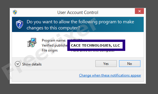 Screenshot where CACE TECHNOLOGIES, LLC appears as the verified publisher in the UAC dialog